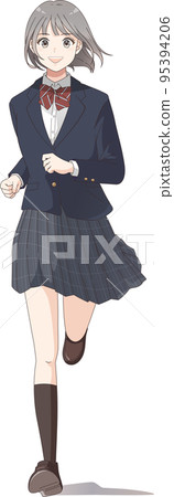 穿著西裝外套絲帶的短髮女學生帶著微笑奔跑的全身插圖 95394206