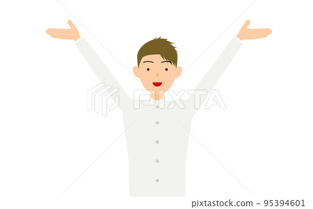A male student wearing a white school uniform, posing with both hands raised A male student wearing a white school uniform, posing with both hands raised 95394601