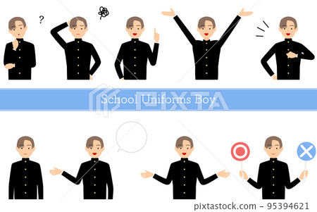 一個穿著校服、提問、尷尬、指點、說話等的男學生的姿勢集。 一個穿著校服、提問、尷尬、指點、說話等的男學生的姿勢集。 95394621