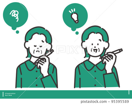 A woman thinking with a pen and a woman... A woman thinking with a pen and a woman... 95395589