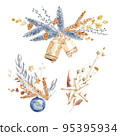 Watercolor bouquet, Christmas decorative composition. Winter holiday decorations. New Year illustration. Traditional floral composition. Greeting card. 95395934