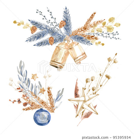 Watercolor bouquet, Christmas decorative composition. Winter holiday decorations. New Year illustration. Traditional floral composition. Greeting card. Watercolor bouquet, Christmas decorative composition. Winter holiday decorations. New Year illustration. Traditional floral composition. Greeting card. 95395934