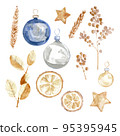Watercolor collection, Christmas decorative elements. Winter holiday decorations. New Year illustration. Traditional floral objects. Greeting card. 95395945