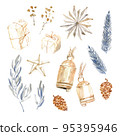 Watercolor collection, Christmas decorative elements. Winter holiday decorations. New Year illustration. Traditional floral objects. Greeting card. 95395946
