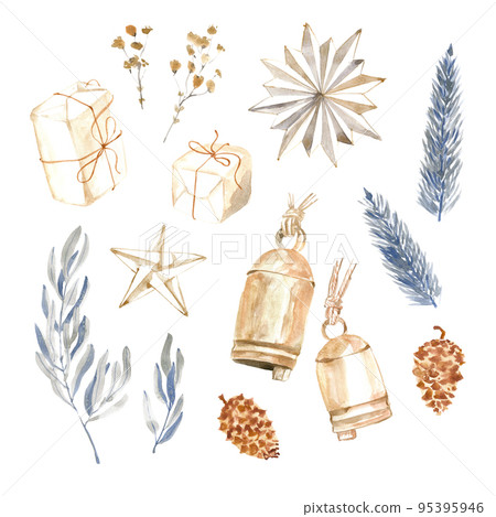 Watercolor collection, Christmas decorative elements. Winter holiday decorations. New Year illustration. Traditional floral objects. Greeting card. Watercolor collection, Christmas decorative elements. Winter holiday decorations. New Year illustration. Traditional floral objects. Greeting card. 95395946