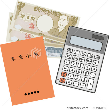 養老金書、鈔票和計算器的圖像插圖 95396092