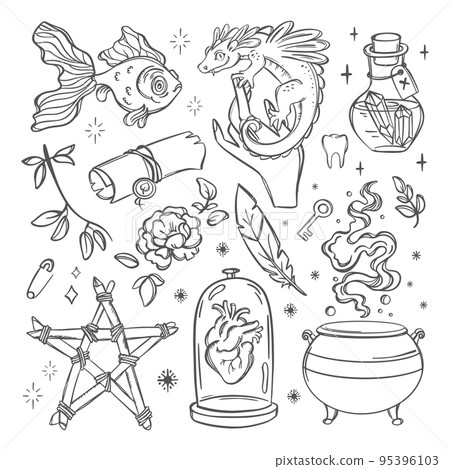 WITCHCRAFT ACCESSORIES Love Magic Alchemic Monochrome Elements Astrology Esoteric Occult Doodle Sketch Hand Drawn Mystery Object Symbols For Design Creatives WITCHCRAFT ACCESSORIES Love Magic Alchemic Monochrome Elements Astrology Esoteric Occult Doodle Sketch Hand Drawn Mystery Object Symbols For Design Creatives 95396103