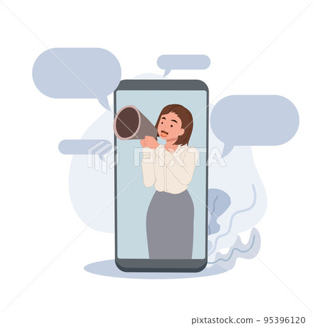 internet advertisement. a woman shouting in loud speaker came out from smartphone. Influencer marketing,vector illustration. 95396120