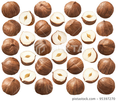 Shelled hazelnut kernels set 4 isolated on white background. Nuts whole and half. 95397270