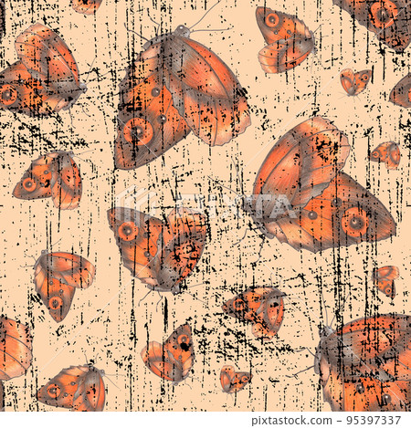Retro Butterflies of Various Sizes on Orange Background. Retro Seamless Pattern with Butterfly. Retro Butterflies of Various Sizes on Orange Background. Retro Seamless Pattern with Butterfly. 95397337