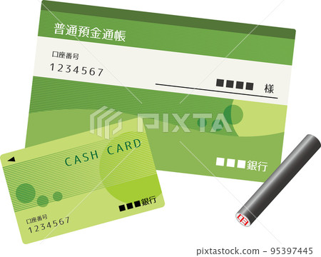 存摺、現金卡和印章的矢量插圖集 95397445