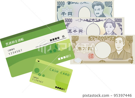 銀行存摺、現金卡和現金（舊鈔）的示意圖 95397446