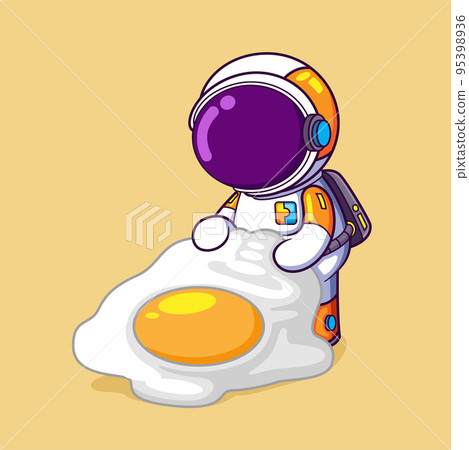 The astronaut is holding a large frying egg and ready to eat it with rice 95398936