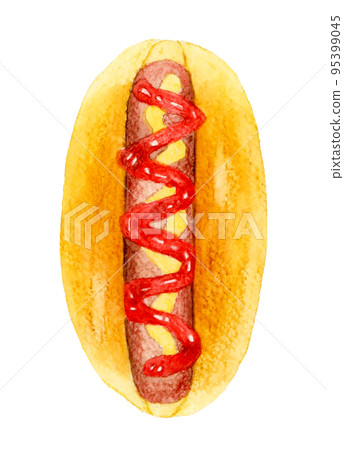 Hot Dog (Koppepan Sandwich) 麵包的手繪水彩插圖素材 95399045
