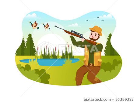 Hunter with Hunting Rifle or Weapon Shooting to Birds or Animals in the forest on Flat Cartoon Hand Drawing Template Illustration 95399352