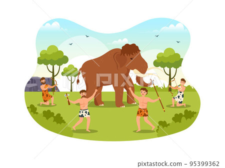 Prehistoric Stone Age Tribes Hunting Large Animals with Weapon in Flat Cartoon Hand Drawing Template Illustration 95399362