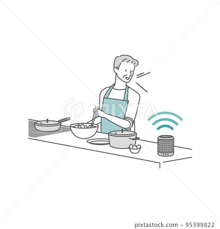 Senior man talking to smart speaker while cooking in the kitchen 95399822