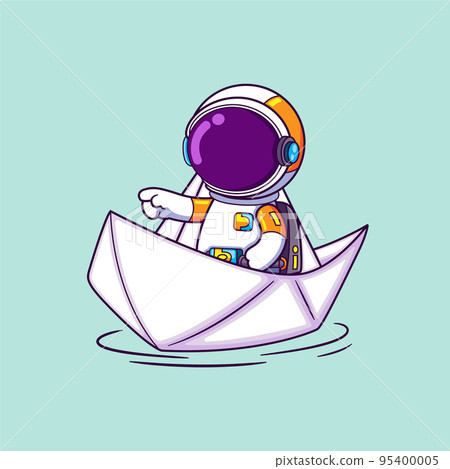 The astronaut is riding a paper ship and pointing on something in front of him The astronaut is riding a paper ship and pointing on something in front of him 95400005
