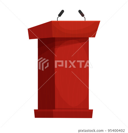 Wooden speech tribune, orator podium with microphone in cartoon style isolated on white background. Wooden speech tribune, orator podium with microphone in cartoon style isolated on white background. 95400402