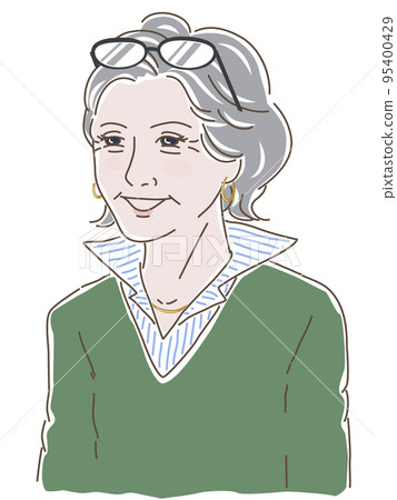 Illustration of a gray-haired woman with glasses on her head 95400429