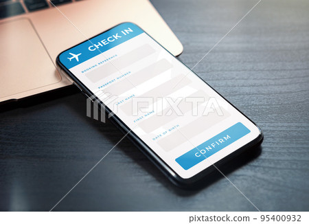 Airline online check-in application form. Self-registration and obtaining boarding pass for quick access to the flight at the airport concept Airline online check-in application form. Self-registration and obtaining boarding pass for quick access to the flight at the airport concept 95400932