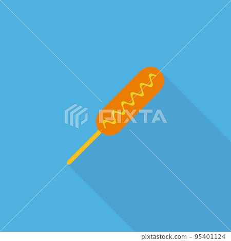 Hot dog icon with long shadow. Icon corn dog isolated on blue background. Street food icon. Fast food logo for menu cafeteria, pub, restaurant. Vector illustration in flat design 95401124