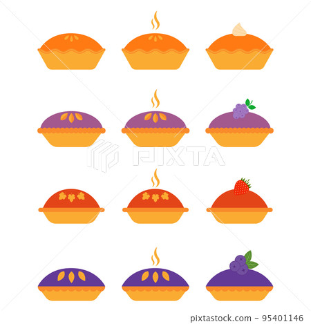 Pie icon set. Pie of different types isolated on white background. Colored pie with pumpkin, strawberry, blueberry, blackberry. Logo for menu cafeteria, website. Vector illustration in flat design 95401146