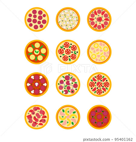 Pizza icon set. Pizza of different types isolated on white background. Colored pizza icon in flat design. Fast food icon. Logo for menu pizzeria, cafeteria, website. Vector illustration 95401162