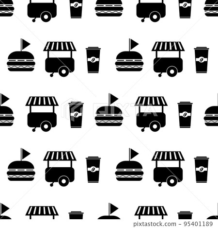 Food truck seamless pattern. Pattern with food trailer, burger and cup coffee. Fast food sign. Street food template. Design for print wrapping paper, wallpaper, packing, fabric. Vector illustration Food truck seamless pattern. Pattern with food trailer, burger and cup coffee. Fast food sign. Street food template. Design for print wrapping paper, wallpaper, packing, fabric. Vector illustration 95401189