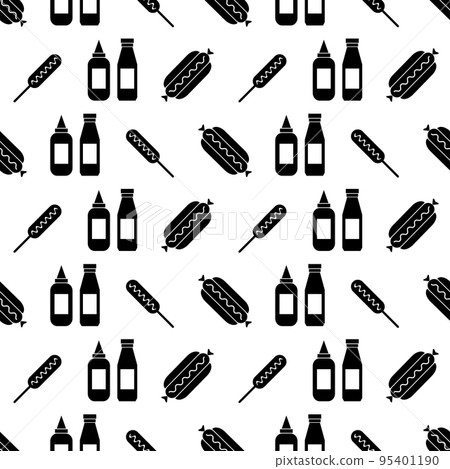 Hot dog seamless pattern. Fast food background with hot dog sausage. Icon street food on white background. Hot dog silhouette. Design for print on fabric, wrapping paper, packing. Vector illustration 95401190