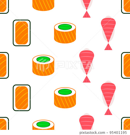 Sushi seamless pattern. Sushi roll of different types on white background. Japan traditional food in flat design. Oriental design for fabric, wallpaper, wrapping paper, packing. Vector illustration Sushi seamless pattern. Sushi roll of different types on white background. Japan traditional food in flat design. Oriental design for fabric, wallpaper, wrapping paper, packing. Vector illustration 95401195