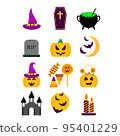 Halloween icon set. Halloween elements isolated on white background. Witch hat, Jack O'lantern, halloween candy.Template for greeting card, party invitation, poster, tag, sticker. Vector illustration 95401229