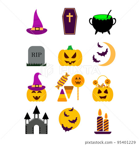 Halloween icon set. Halloween elements isolated on white background. Witch hat, Jack O'lantern, halloween candy.Template for greeting card, party invitation, poster, tag, sticker. Vector illustration Halloween icon set. Halloween elements isolated on white background. Witch hat, Jack O'lantern, halloween candy.Template for greeting card, party invitation, poster, tag, sticker. Vector illustration 95401229