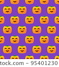 Halloween pumpkin seamless pattern. Colorful halloween pumpkin lanterns on purple background. Halloween background with funny face pumpkin. Design for print wrapping paper, fabric. Vector illustration 95401230