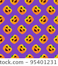 Halloween pumpkin seamless pattern. Colorful halloween pumpkin lanterns on purple background. Halloween background with funny face pumpkin. Design for print wrapping paper, fabric. Vector illustration 95401231