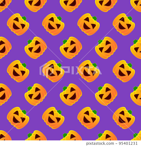 Halloween pumpkin seamless pattern. Colorful halloween pumpkin lanterns on purple background. Halloween background with funny face pumpkin. Design for print wrapping paper, fabric. Vector illustration Halloween pumpkin seamless pattern. Colorful halloween pumpkin lanterns on purple background. Halloween background with funny face pumpkin. Design for print wrapping paper, fabric. Vector illustration 95401231