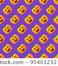 Halloween pumpkin seamless pattern. Colorful halloween pumpkin lanterns on purple background. Halloween background with funny face pumpkin. Design for print wrapping paper, fabric. Vector illustration 95401232