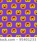 Halloween pumpkin seamless pattern. Colorful halloween pumpkin lanterns on purple background. Halloween background with funny face pumpkin. Design for print wrapping paper, fabric. Vector illustration 95401233