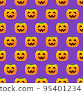 Halloween pumpkin seamless pattern. Colorful halloween pumpkin lanterns on purple background. Halloween background with funny face pumpkin. Design for print wrapping paper, fabric. Vector illustration 95401234