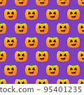 Halloween pumpkin seamless pattern. Colorful halloween pumpkin lanterns on purple background. Halloween background with funny face pumpkin. Design for print wrapping paper, fabric. Vector illustration 95401235