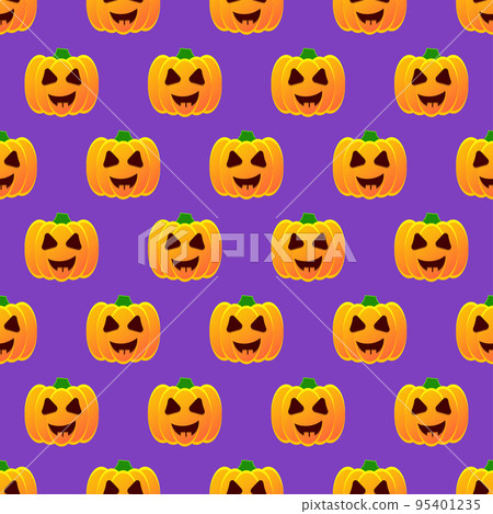 Halloween pumpkin seamless pattern. Colorful halloween pumpkin lanterns on purple background. Halloween background with funny face pumpkin. Design for print wrapping paper, fabric. Vector illustration 95401235