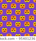 Halloween pumpkin seamless pattern. Colorful halloween pumpkin lanterns on purple background. Halloween background with funny face pumpkin. Design for print wrapping paper, fabric. Vector illustration 95401236