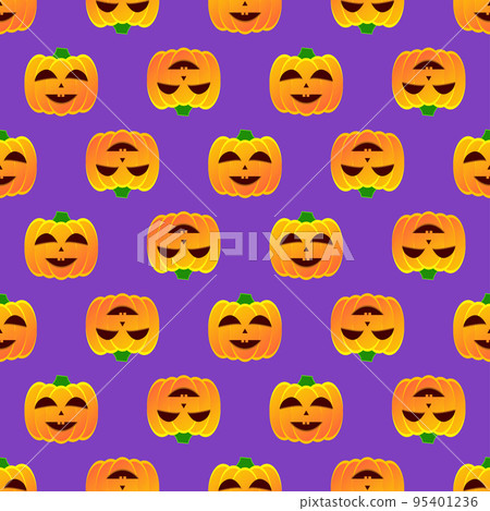 Halloween pumpkin seamless pattern. Colorful halloween pumpkin lanterns on purple background. Halloween background with funny face pumpkin. Design for print wrapping paper, fabric. Vector illustration Halloween pumpkin seamless pattern. Colorful halloween pumpkin lanterns on purple background. Halloween background with funny face pumpkin. Design for print wrapping paper, fabric. Vector illustration 95401236