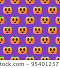 Halloween pumpkin seamless pattern. Colorful halloween pumpkin lanterns on purple background. Halloween background with funny face pumpkin. Design for print wrapping paper, fabric. Vector illustration 95401237