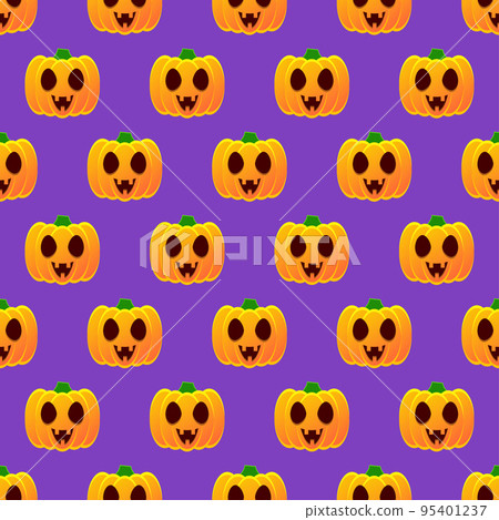 Halloween pumpkin seamless pattern. Colorful halloween pumpkin lanterns on purple background. Halloween background with funny face pumpkin. Design for print wrapping paper, fabric. Vector illustration Halloween pumpkin seamless pattern. Colorful halloween pumpkin lanterns on purple background. Halloween background with funny face pumpkin. Design for print wrapping paper, fabric. Vector illustration 95401237