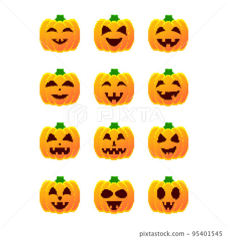 Pixel art halloween pumpkin icon set. 8 bit pumpkin in retro style. Halloween pumpkin lanterns isolated on white background. Template for banner, poster, party invitation. Vector illustration Pixel art halloween pumpkin icon set. 8 bit pumpkin in retro style. Halloween pumpkin lanterns isolated on white background. Template for banner, poster, party invitation. Vector illustration 95401545