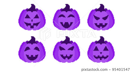 Pixel art halloween pumpkin icon set. 8 bit pumpkin in retro style. Halloween pumpkin lanterns isolated on white background. Template for banner, poster, party invitation. Vector illustration 95401547