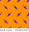 Pixel art halloween ice cream seamless pattern. Halloween background with 8 bit ice cream cone. Icon pumpkin ice cream. Retro design for wrapping paper, wallpaper, packing, fabric. Vector illustration 95401550