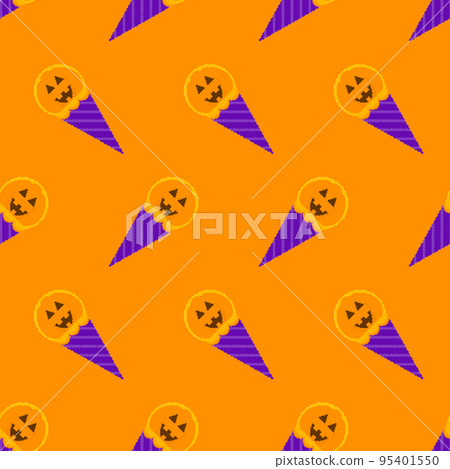 Pixel art halloween ice cream seamless pattern. Halloween background with 8 bit ice cream cone. Icon pumpkin ice cream. Retro design for wrapping paper, wallpaper, packing, fabric. Vector illustration 95401550
