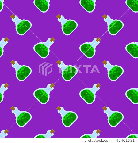 Pixel art potion bottle seamless pattern. 8 bit magic potion. Icon elixir bottle in pixel art style. Retro design for wrapping paper, wallpaper, packing, fabric. Vector illustration 95401551